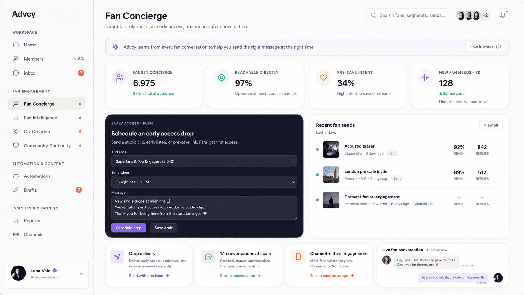 Advcy Fan Concierge dashboard — schedule early access drops, track fan sends, and run 1:1 conversations at scale