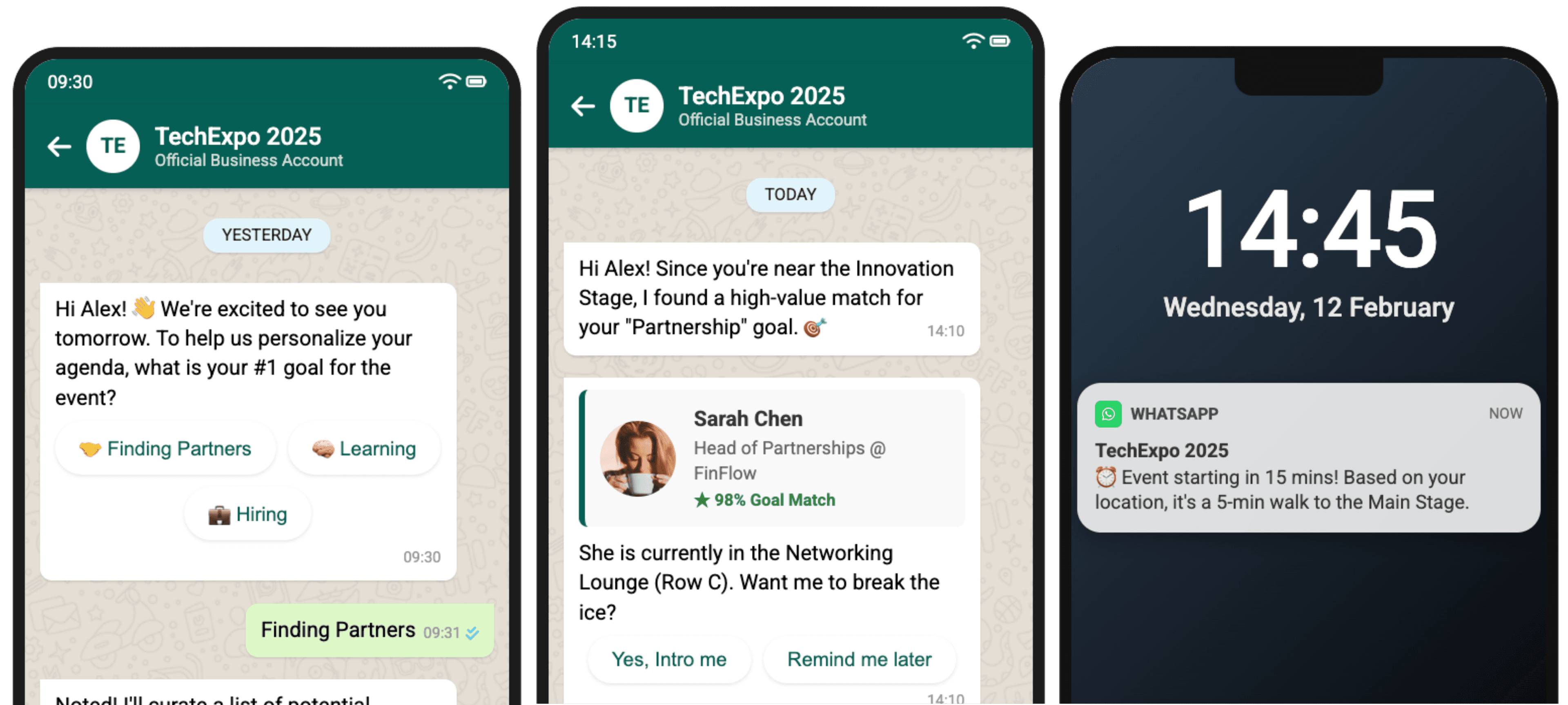 Three phone mockups showing WhatsApp event concierge conversations before, during, and after the event